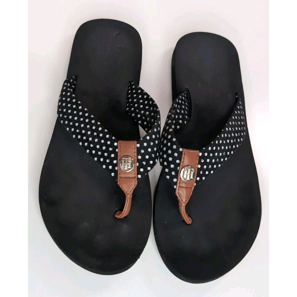 Tommy Hilfiger Thong Flip Flops Sandals Black w/White Polka Dot Women's 7-8